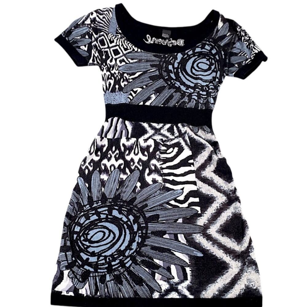 Desigual Abstract Floral Black Navy White Knit Midi Stretch Dress NWT Blue New M
